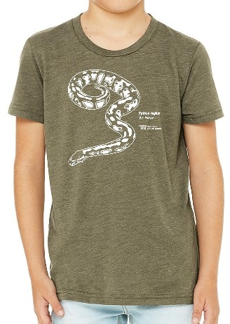 Product Description: This year's summer camp shirt features an AfricanBall Python on a super soft Tri-blend t-shirt in a natural olive green. Original artwork by Sarah Breznen. Pickup details will be emailed separately after purchase.</br> Snake T-shirt-Toddler/Youth