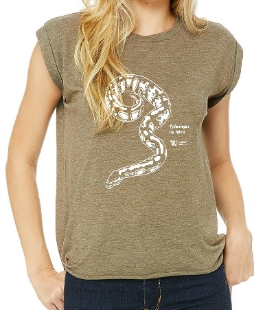 Product Description: Flowy Cap Sleeve Women's T-shirt in Olive with African Ball Python artwork by Sarah.Pickup details will be emailed separately after purchase.</br> Snake Shirt-Womens Cap Sleeve